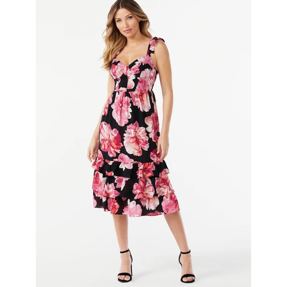 Brocade & Ivy Garden Party Floral Tie Strap Ruffle Hem Midi Dress Pink Black XXL